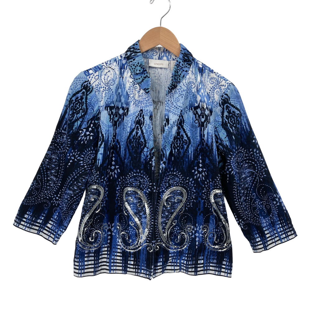 Chico's Blue White Paisley Print Linen Blend Open Front Jacket Size 0 Sequin